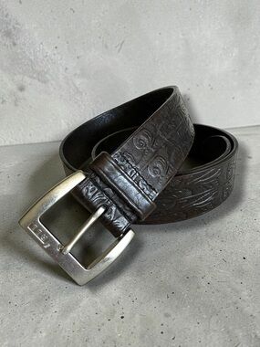 LAUREN RALPH LAUREN Floral Embossed Genuine Leather Black Belt Size XL